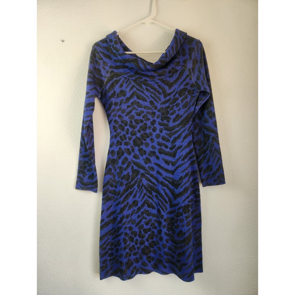 Blumarine Blue Black Dress Long Sleeve Size 38 Italian US Size 2 Cowl Neck NWT